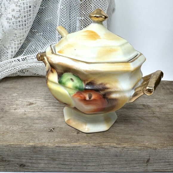 Vintage Enesco Sugar Condiment Bowl w/ Lid Spoon Fruit Gold Trim #E2364 - Picture 3 of 8